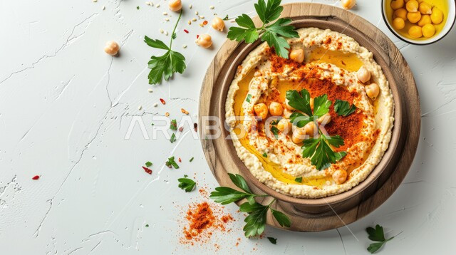 وجبات الإفطار الصحية الشهية في المطاعم الشرقية، أصناف المقبلات الشعبية، صورة مقربة لطبق من الحمص المطحون المزين بالبقدونس والزيت، مأكولات عربية تقليدية شعبية، وصفات الطعام الغنية بالحبوب والبروتينات, خلفية بيضاء