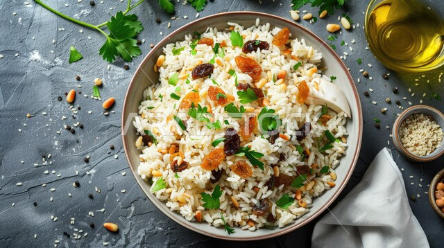 مأكولات وأطباق عربية تقليدية، صورة من الاعلى لطبق من الأرز المطهي مع البقدونس والزبيب، وصفات الطعام الصحية الشهية، فنون تقديم الطعام في مطاعم المملكة العربية السعودية، خلفية سوداء
