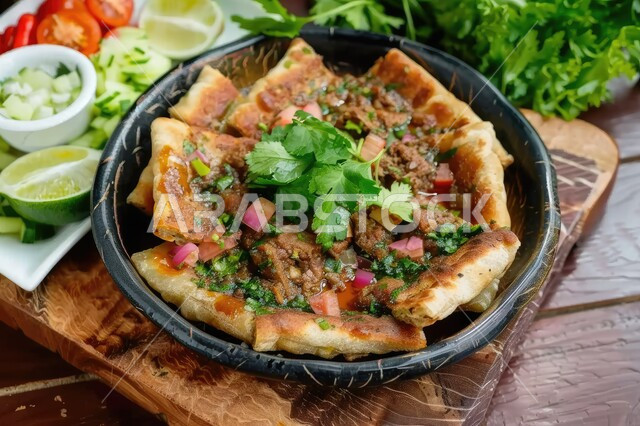 وصفات المخبوزات الساخنة، فطيرة مقلية مع اللحم والكزبرة الطازجة وقطع الليمون على لوح خشبي، المأكولات العربية الشرقية، وجبات الطعام الشهية، فنون التقديم في مطابخ ومطاعم المملكة العربية السعودية