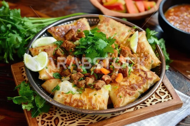 وصفات المخبوزات الساخنة، فطيرة مقلية مع اللحم والكزبرة الطازجة وقطع الليمون على لوح خشبي، المأكولات العربية الشرقية، وجبات الطعام الشهية، فنون التقديم في مطابخ ومطاعم المملكة العربية السعودية
