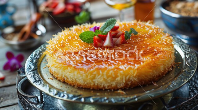 طبق من الكنافة المزينة بالفراولة واوراق النعنع، منتجات محلية وطنية، مأكولات غنية بالسكريات والسعرات الحرارية، الحلويات العربية الشرقية الشهية، فنون التقديم في مطاعم المملكة العربية السعودية