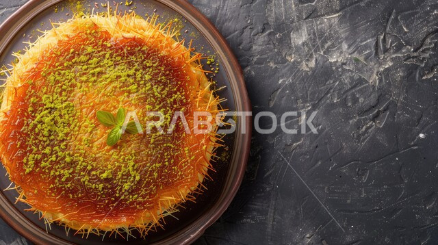 الحلويات العربية الشرقية الشهية، صورة من الاعلى لطبق من الكنافة المزينة بالفستق الحلبي وأوراق النعنع، منتجات محلية وطنية، مأكولات غنية بالسكريات والسعرات الحرارية، فنون التقديم في مطاعم المملكة العربية السعودية، خلفية سوداء