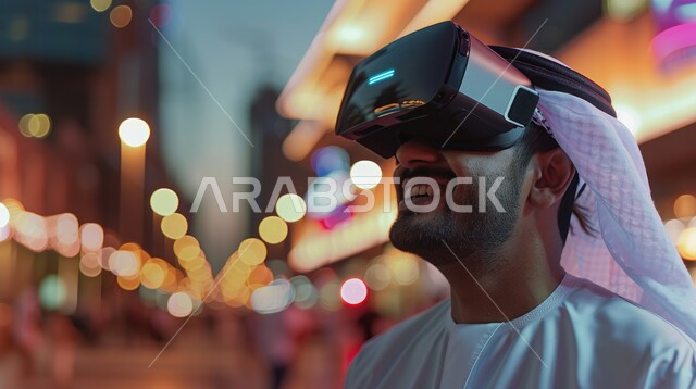 الاندماج والتفاعل مع الواقع الافتراضي، الشعور بالمتعة والتسلية بمحاكاة العالم الخيالي, الأجهزة التكنولوجية والتقنيات الحديثة، صورة مقربة لرجل عربي خليجي سعودي يرتدي نظارات الفي آر ثلاثية الأبعاد، إيماءات السرور والفرح