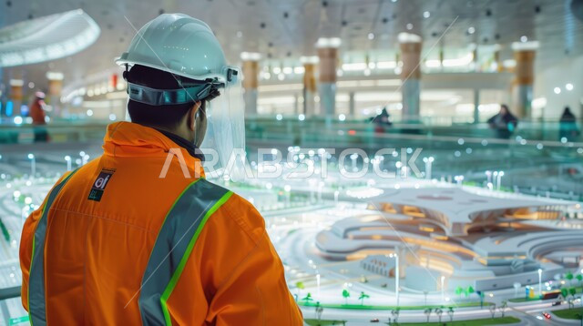 Verifying the implementation of construction projects, supervising and following up on the progress of work, a picture from the back of a Saudi Arabian Gulf engineer wearing a helmet and a protective vest inspecting a model of the city, modern architectural art