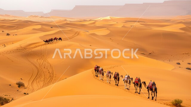 Caring for mammals in desert areas, a caravan of camels walking over sand dunes in the desert, raising camels in nature reserves, natural landscapes and soft golden sand, tourist places in the deserts of the Kingdom of Saudi Arabia