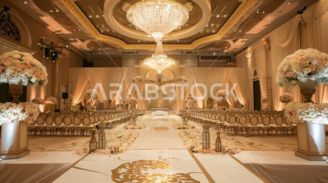 التصميم المتطور للمنشآت والمباني العصرية الحديثة, الفن الهندسي المعماري للفلل والمنازل الراقية، الاهتمام بالاكسسوارات والزينة، قاعة استقبال وزفاف أنيقة باللون الذهبي, الديكورات الداخلية الفاخرة في المملكة العربية السعودية