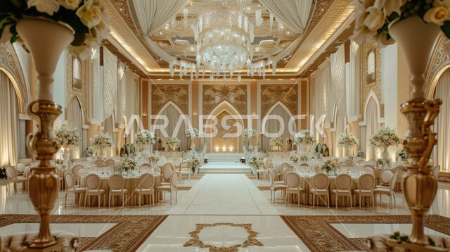 التصميم المتطور للمنشآت والمباني العصرية الحديثة, الفن الهندسي المعماري للفلل والمنازل الراقية، الاهتمام بالاكسسوارات والزينة، قاعة استقبال وزفاف أنيقة باللون الذهبي, الديكورات الداخلية الفاخرة في المملكة العربية السعودية