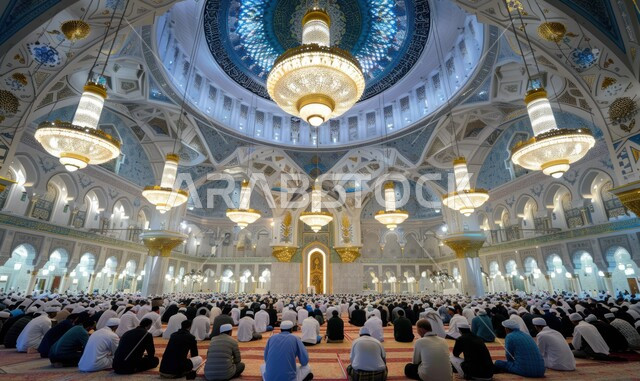 أداء فريضة الصلاة في الجامع, مجموعة من المصليين المسلمين يجلسون داخل المسجد, تصميمات وديكورات إسلامية عريقة, الفن الهندسي المعماري الداخلي للمساجد, أماكن العبادة والتقرب إلى الله تعالى