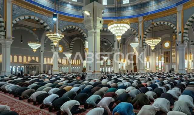 مجموعة من المصليين المسلمين يصلون داخل المسجد, تصميمات وديكورات إسلامية عريقة, الفن الهندسي المعماري الداخلي للمساجد, أماكن العبادة والتقرب إلى الله تعالى, أداء فريضة الصلاة في الجامع