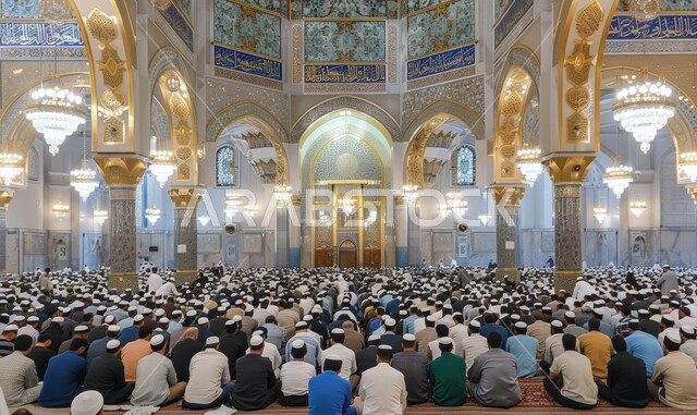 أماكن العبادة والتقرب إلى الله تعالى، أداء فريضة الصلاة في الجامع, مجموعة من المصليين المسلمين يجلسون داخل المسجد, تصميمات وديكورات إسلامية عريقة, الفن الهندسي المعماري الداخلي للمساجد