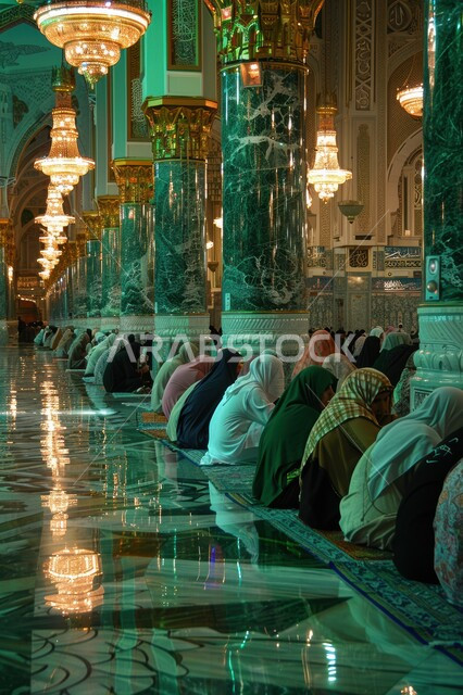 مجموعة من المصليين المسلمين يجلسون داخل المسجد، تصميمات وديكورات إسلامية عريقة، الفن الهندسي المعماري الداخلي للمساجد، أماكن العبادة والتقرب إلى الله تعالى، أداء فريضة الصلاة في الجامع