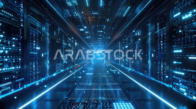ممر غرفة الخوادم مع أضواء النيون الزرقاء، التحكم بالسيرفرات ومخدمات الانترنت العملاقة، خلفيات هولوجرامية ثلاثية الأبعاد، مراكز البيانات المتطورة والحديثة في المملكة العربية السعودية