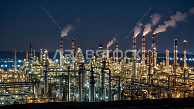 النهضة بالاقتصاد الوطني السعودي, مفهوم هندسة البترول في دول الخليج, إضاءة الأبراج والهياكل المعدنية في المساء, مصانع ومعامل النفط في المملكة العربية السعودية, مستودعات وخزانات كبيرة وضخمة، مصفاة تكرير النفط والغاز, صناعات ومشاريع بتروكيماوية