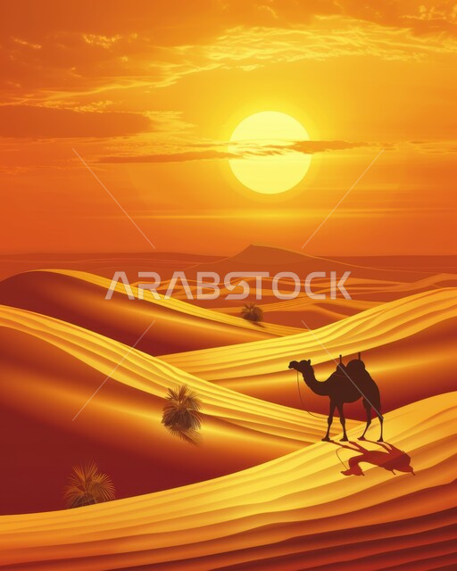 رسم ثلاثي الأبعاد لجمل يسير في الصحراء, تربية الإبل في المحميات الطبيعية بالمناطق الصحراوية، الكثبان الرملية في صحاري المملكة العربية السعودية, تشكلات الرمال الذهبية في الخليج العربي