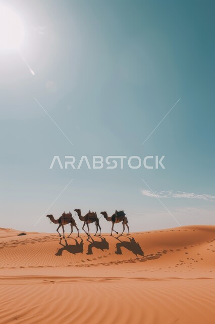 نوق أصيلة تتنقل على الكثبان الرملية في صحاري المملكة العربية السعودية، قافلة من الجمال تسير في الصحراء, تشكلات الرمال الذهبية في الخليج العربي, تربية الإبل في المحميات الطبيعية بالمناطق الصحراوية