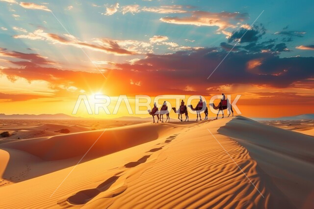 Camel breeding in nature reserves in desert areas, purebred camels moving on sand dunes in the deserts of the Kingdom of Saudi Arabia, a caravan of camels walking in the desert, golden sand formations in the Arabian Gulf