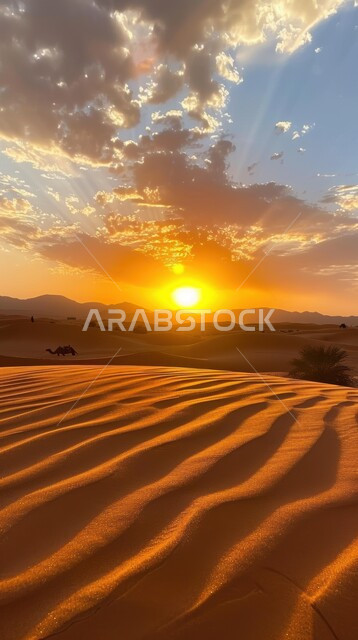 الكثبان الرملية في المناطق الطبيعية الصحراوية، المساحات والأراضي الواسعة في المملكة العربية السعودية، الهضاب والتلال من الرمال الذهبية الناعمة في الصحراء العربية, منظر غروب الشمس على الرمل صحاري الخليج العربي