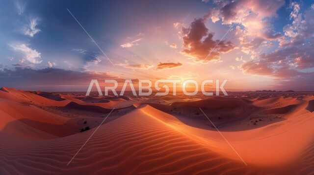 الكثبان الرملية في المناطق الطبيعية الصحراوية، المساحات والأراضي الواسعة في المملكة العربية السعودية، الهضاب والتلال من الرمال الذهبية الناعمة في الصحراء العربية, منظر غروب الشمس على الرمل صحاري الخليج العربي