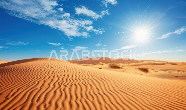 امتداد الصحراء العربية لمساحات واسعة, تشكل التلال والكثبان الرملية, البيئة والتضاريس الجافة للصحاري الخليجية, الطبيعة الصحراوية في المملكة العربية السعودية, منظر الرمال الذهبية اللامعة في النهار