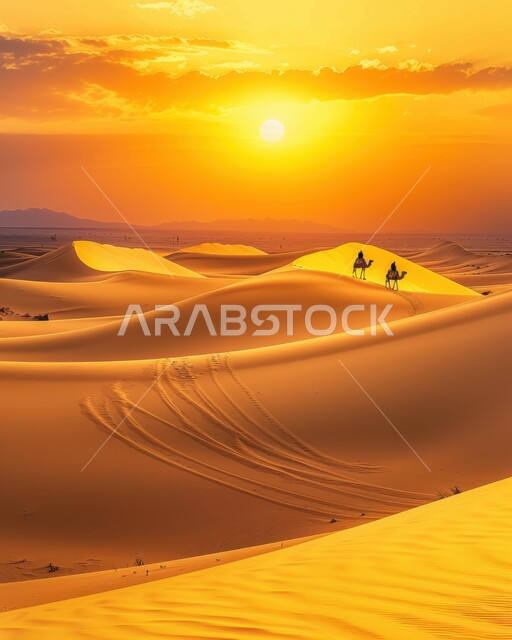 تشكلات الرمال الذهبية في الخليج العربي, تربية الإبل في المحميات الطبيعية بالمناطق الصحراوية, نوق أصيلة تتنقل على الكثبان الرملية في صحاري المملكة العربية السعودية, قافلة من الجمال تسير في الصحراء