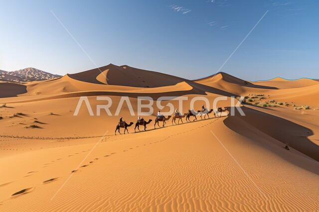 قافلة من الجمال تسير في الصحراء, تشكلات الرمال الذهبية في الخليج العربي, تربية الإبل في المحميات الطبيعية بالمناطق الصحراوية, نوق أصيلة تتنقل على الكثبان الرملية في صحاري المملكة العربية السعودية