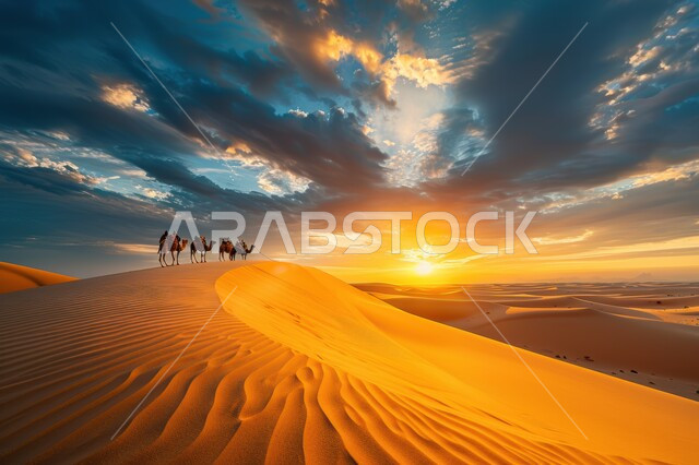 نوق أصيلة تتنقل على الكثبان الرملية في صحاري المملكة العربية السعودية، قافلة من الجمال تسير في الصحراء, تشكلات الرمال الذهبية في الخليج العربي, تربية الإبل في المحميات الطبيعية بالمناطق الصحراوية