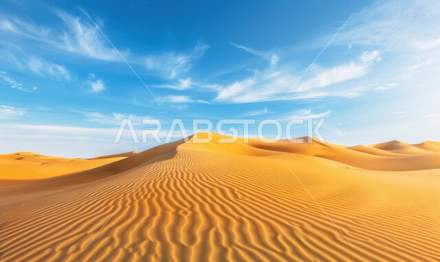 الطبيعة الصحراوية في المملكة العربية السعودية, منظر الرمال الذهبية اللامعة في النهار, امتداد الصحراء العربية لمساحات واسعة, تشكل التلال والكثبان الرملية, البيئة والتضاريس الجافة للصحاري الخليجية