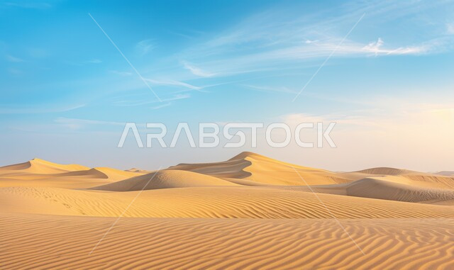 البيئة والتضاريس الجافة للصحاري الخليجية, الطبيعة الصحراوية في المملكة العربية السعودية, منظر الرمال الذهبية اللامعة في النهار, امتداد الصحراء العربية لمساحات واسعة, تشكل التلال والكثبان الرملية