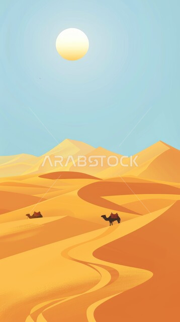 رسم ثلاثي الأبعاد لجمل يسير في الصحراء, تربية الإبل في المحميات الطبيعية بالمناطق الصحراوية، الكثبان الرملية في صحاري المملكة العربية السعودية, تشكلات الرمال الذهبية في الخليج العربي