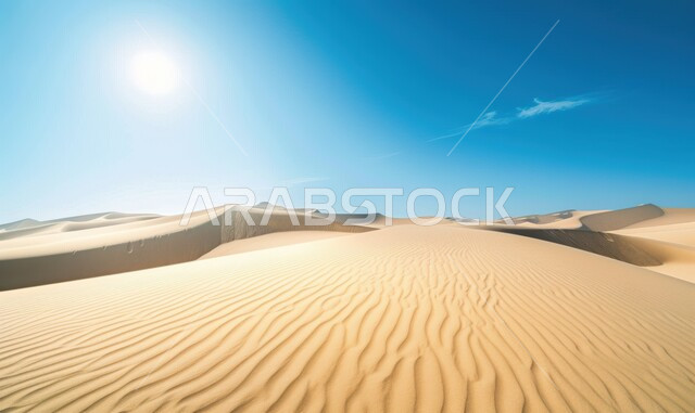 منظر الرمال الذهبية اللامعة في النهار, امتداد الصحراء العربية لمساحات واسعة, تشكل التلال والكثبان الرملية, البيئة والتضاريس الجافة للصحاري الخليجية, الطبيعة الصحراوية في المملكة العربية السعودية