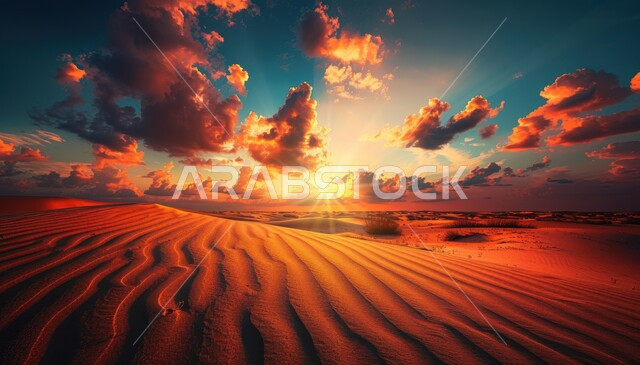منظر غروب الشمس على الرمل صحاري الخليج العربي, الكثبان الرملية في المناطق الطبيعية الصحراوية, المساحات والأراضي الواسعة في المملكة العربية السعودية, الهضاب والتلال من الرمال الذهبية الناعمة في الصحراء العربية