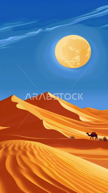 رسم ثلاثي الأبعاد لجمل يسير في الصحراء, تربية الإبل في المحميات الطبيعية بالمناطق الصحراوية، الكثبان الرملية في صحاري المملكة العربية السعودية, تشكلات الرمال الذهبية في الخليج العربي