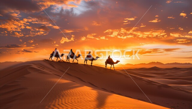 تربية الإبل في المحميات الطبيعية بالمناطق الصحراوية، نوق أصيلة تتنقل على الكثبان الرملية في صحاري المملكة العربية السعودية، قافلة من الجمال تسير في الصحراء, تشكلات الرمال الذهبية في الخليج العربي