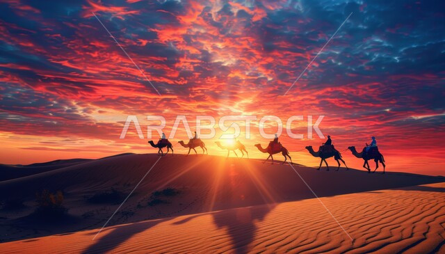 قافلة من الجمال تسير في الصحراء, تشكلات الرمال الذهبية في الخليج العربي, تربية الإبل في المحميات الطبيعية بالمناطق الصحراوية, نوق أصيلة تتنقل على الكثبان الرملية في صحاري المملكة العربية السعودية