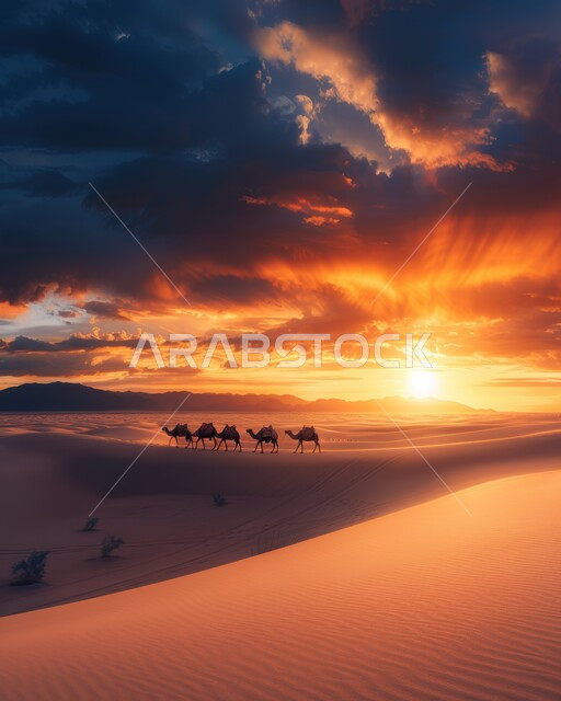 نوق أصيلة تتنقل على الكثبان الرملية في صحاري المملكة العربية السعودية، قافلة من الجمال تسير في الصحراء, تشكلات الرمال الذهبية في الخليج العربي, تربية الإبل في المحميات الطبيعية بالمناطق الصحراوية