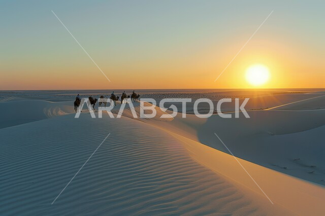 تربية الإبل في المحميات الطبيعية بالمناطق الصحراوية، نوق أصيلة تتنقل على الكثبان الرملية في صحاري المملكة العربية السعودية، قافلة من الجمال تسير في الصحراء, تشكلات الرمال الذهبية في الخليج العربي