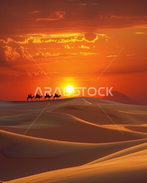 تشكلات الرمال الذهبية في الخليج العربي, تربية الإبل في المحميات الطبيعية بالمناطق الصحراوية, نوق أصيلة تتنقل على الكثبان الرملية في صحاري المملكة العربية السعودية, قافلة من الجمال تسير في الصحراء