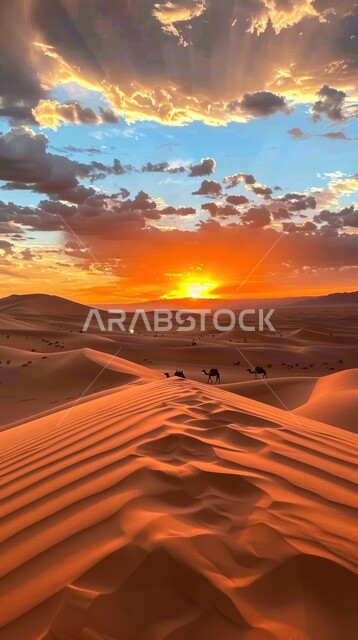 قافلة من الجمال تسير في الصحراء, تشكلات الرمال الذهبية في الخليج العربي, تربية الإبل في المحميات الطبيعية بالمناطق الصحراوية, نوق أصيلة تتنقل على الكثبان الرملية في صحاري المملكة العربية السعودية