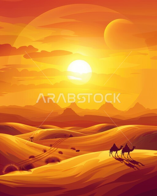 رسم ثلاثي الأبعاد لجمل يسير في الصحراء, تربية الإبل في المحميات الطبيعية بالمناطق الصحراوية، الكثبان الرملية في صحاري المملكة العربية السعودية, تشكلات الرمال الذهبية في الخليج العربي