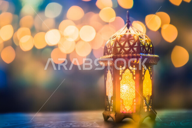 Arabic Metal Lantern Decorated Illuminated, Islamic Art Decorations and Accessories, Traditional Islamic Lanterns and Artifacts to Celebrate the Coming of the Month of Goodness, Decorations and Lights in the Spiritual Ramadan Atmosphere, Greeting Card to Celebrate the Coming of the Holy Month of Ramadan