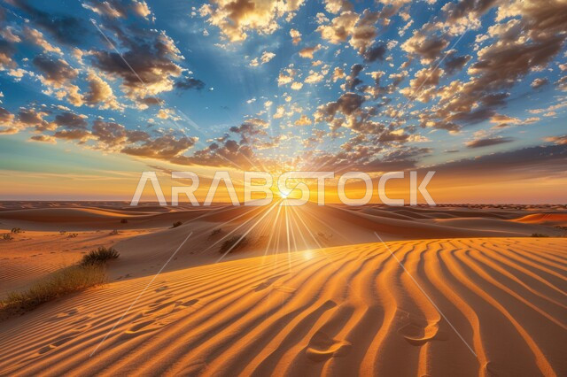 البيئة والتضاريس الجافة للصحاري الخليجية, الطبيعة الصحراوية في المملكة العربية السعودية, منظر الرمال الذهبية اللامعة في النهار, امتداد الصحراء العربية لمساحات واسعة, تشكل التلال والكثبان الرملية