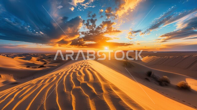 امتداد الصحراء العربية لمساحات واسعة, تشكل التلال والكثبان الرملية, البيئة والتضاريس الجافة للصحاري الخليجية, الطبيعة الصحراوية في المملكة العربية السعودية, منظر الرمال الذهبية اللامعة في النهار