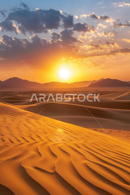 منظر الرمال الذهبية اللامعة في النهار, امتداد الصحراء العربية لمساحات واسعة, تشكل التلال والكثبان الرملية, البيئة والتضاريس الجافة للصحاري الخليجية, الطبيعة الصحراوية في المملكة العربية السعودية