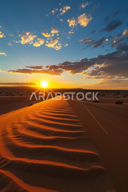 البيئة والتضاريس الجافة للصحاري الخليجية, الطبيعة الصحراوية في المملكة العربية السعودية, منظر الرمال الذهبية اللامعة في النهار, امتداد الصحراء العربية لمساحات واسعة, تشكل التلال والكثبان الرملية