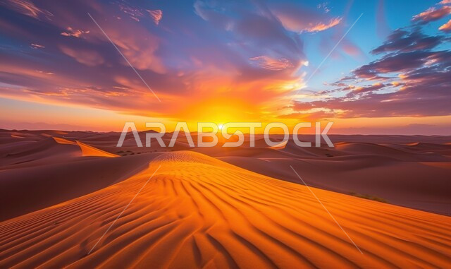 تشكل التلال والكثبان الرملية, البيئة والتضاريس الجافة للصحاري الخليجية, الطبيعة الصحراوية في المملكة العربية السعودية, منظر الرمال الذهبية اللامعة في النهار, امتداد الصحراء العربية لمساحات واسعة