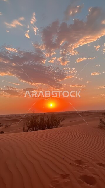 امتداد الصحراء العربية لمساحات واسعة, تشكل التلال والكثبان الرملية, البيئة والتضاريس الجافة للصحاري الخليجية, الطبيعة الصحراوية في المملكة العربية السعودية, منظر الرمال الذهبية اللامعة في النهار