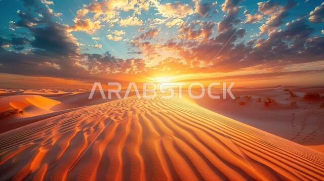 منظر الرمال الذهبية اللامعة في النهار, امتداد الصحراء العربية لمساحات واسعة, تشكل التلال والكثبان الرملية, البيئة والتضاريس الجافة للصحاري الخليجية, الطبيعة الصحراوية في المملكة العربية السعودية