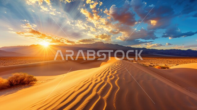 البيئة والتضاريس الجافة للصحاري الخليجية, الطبيعة الصحراوية في المملكة العربية السعودية, منظر الرمال الذهبية اللامعة في النهار, امتداد الصحراء العربية لمساحات واسعة, تشكل التلال والكثبان الرملية