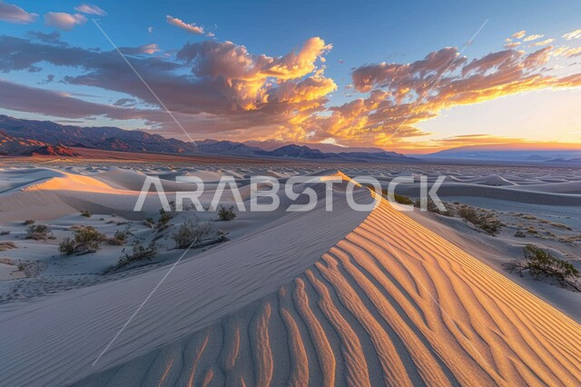 تشكل التلال والكثبان الرملية, البيئة والتضاريس الجافة للصحاري الخليجية, الطبيعة الصحراوية في المملكة العربية السعودية, منظر الرمال الذهبية اللامعة في النهار, امتداد الصحراء العربية لمساحات واسعة