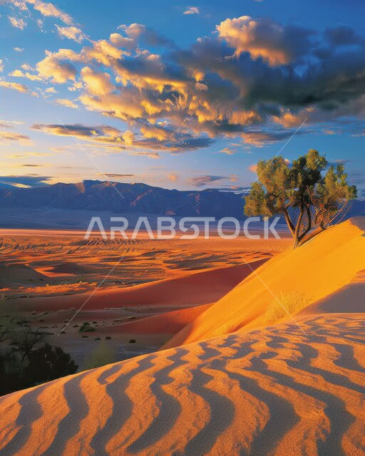 امتداد الصحراء العربية لمساحات واسعة, تشكل التلال والكثبان الرملية, البيئة والتضاريس الجافة للصحاري الخليجية, الطبيعة الصحراوية في المملكة العربية السعودية, منظر الرمال الذهبية اللامعة في النهار